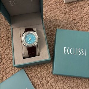 Ecclissi Sterling Silver Leather Strap Turquoise Face  Topaz Watch Needs Battery